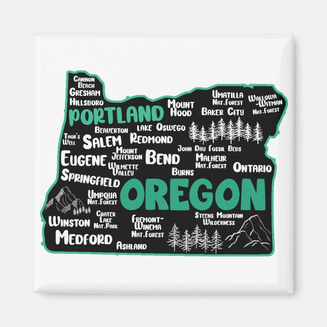 Imán Mapa de Oregón, Portland, Salem, Eugene, (Frente)