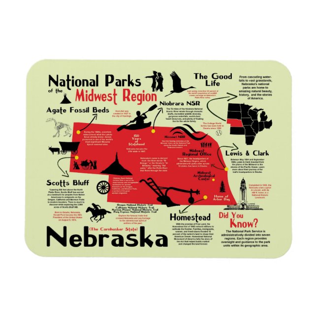 Imán Mapa de Parques Nacionales de Nebraska (Horizontal)