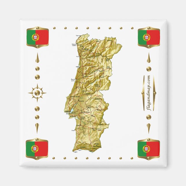 Imán Mapa de Portugal + Mapa de bandera (Frente)