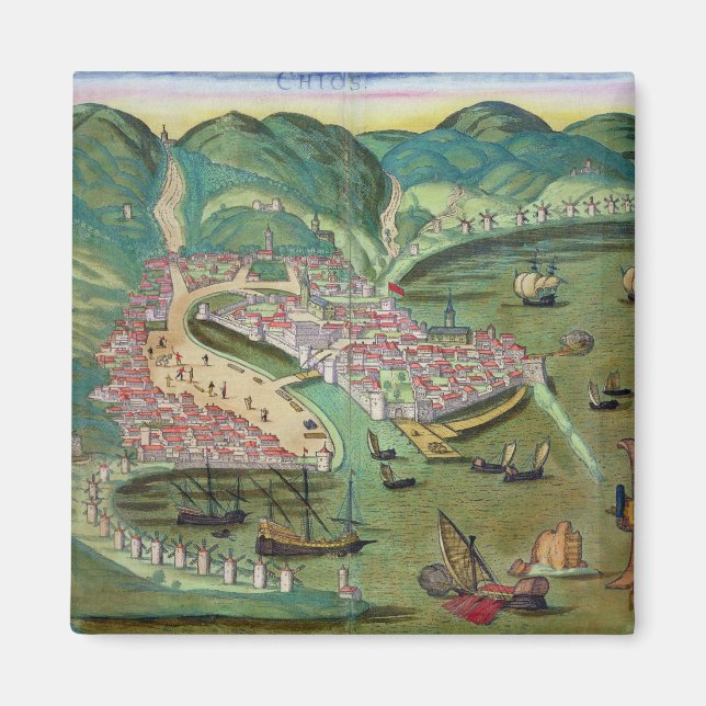 Imán Mapa de Quíos, de 'Civitates Orbis Terrarum' por G (Frente)