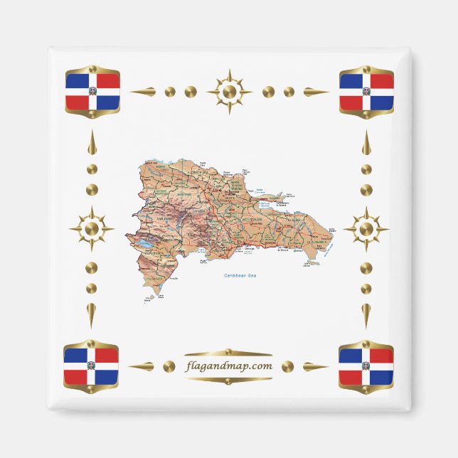 Imán Mapa de República Dominicana + Mapa de Banderas (Frente)