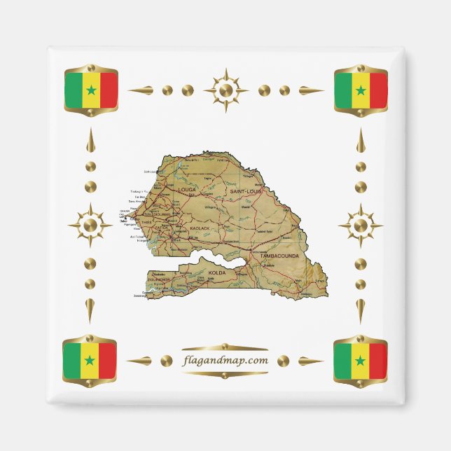 Imán Mapa de Senegal + Magnate de banderas (Frente)