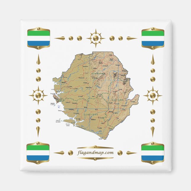 Imán Mapa de Sierra Leona + Mapa de bandera (Frente)