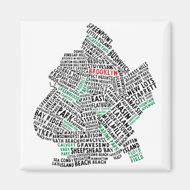 Imán Mapa de tipografía de Brooklyn NYC (Frente)
