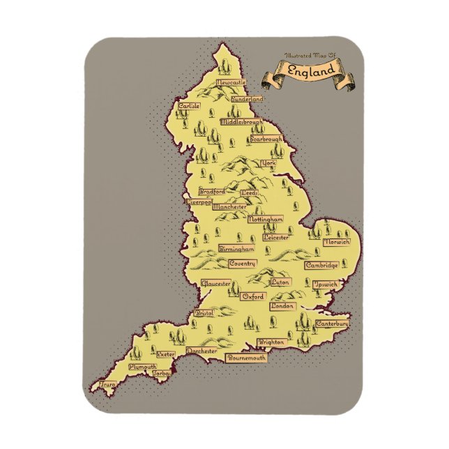 Imán Mapa de viaje ilustrado de Inglaterra (Vertical)