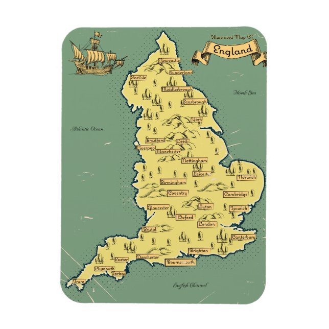Imán Mapa de viaje ilustrado de Inglaterra (Vertical)