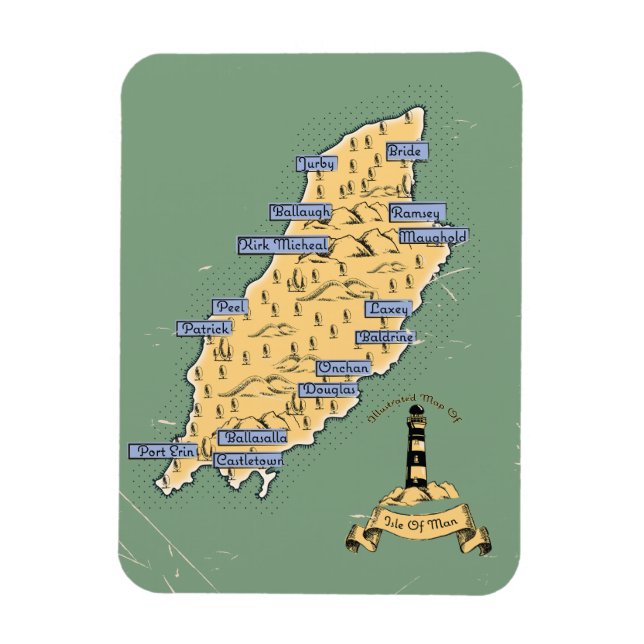 Imán Mapa de viaje ilustrado de la Isla de Man (Vertical)