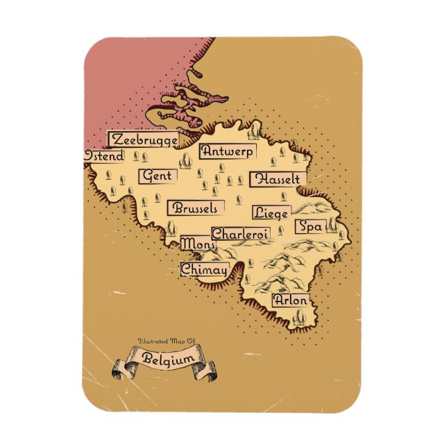 Imán Mapa de viajes de Bélgica Vintage (Vertical)