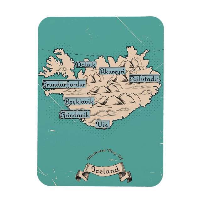 Imán Mapa de viajes ilustrado de Islandia (Vertical)