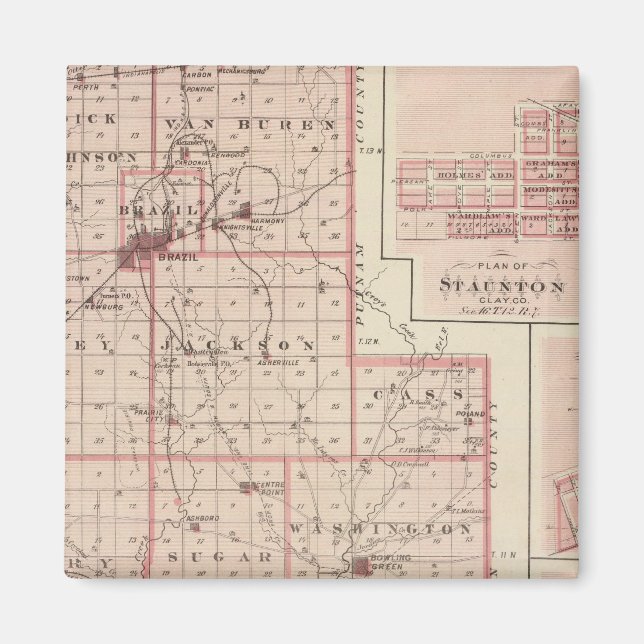 Imán Mapa del condado de Clay con Staunton, Harmony (Frente)
