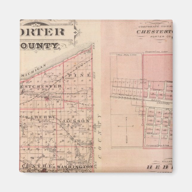 Imán Mapa del condado de Porter con Chesterton, Hebrón (Frente)