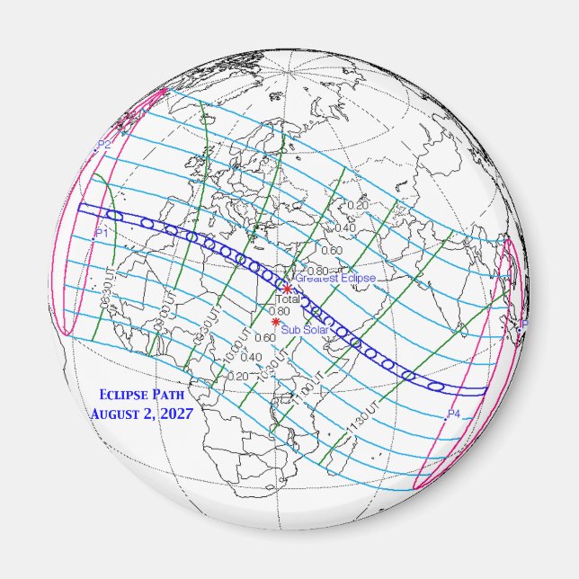 Imán Mapa del eclipse solar total de 2027 (Frente)