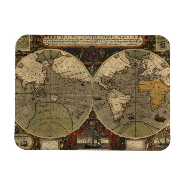 Imán Mapa del mundo de la época 1595 de Jodocuments Hon (Horizontal)