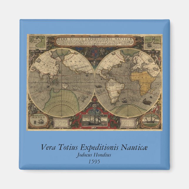 Imán Mapa del mundo de la época 1595 de Jodocuments Hon (Frente)
