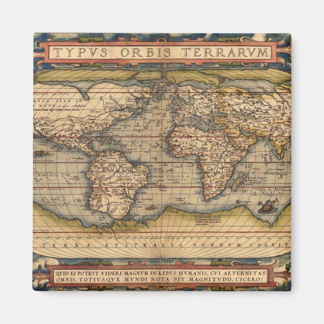Imán Mapa del mundo vintage de Abraham Ortelius 1564 (Frente)