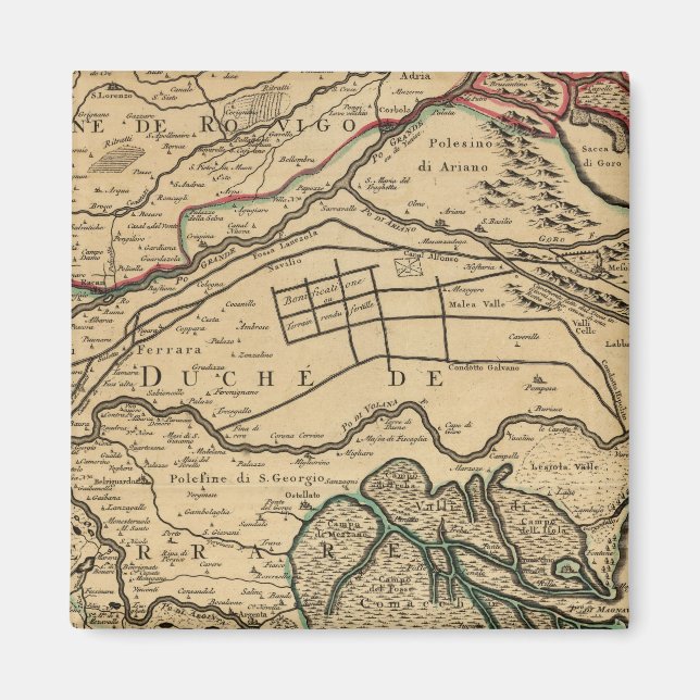 Imán Mapa grabado del valle del río Po (Frente)