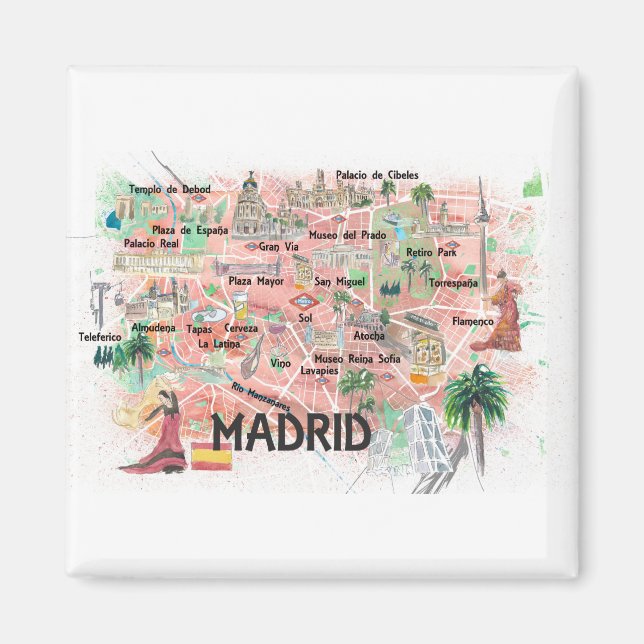 Imán Mapa ilustrado de Madrid España con las principale (Frente)