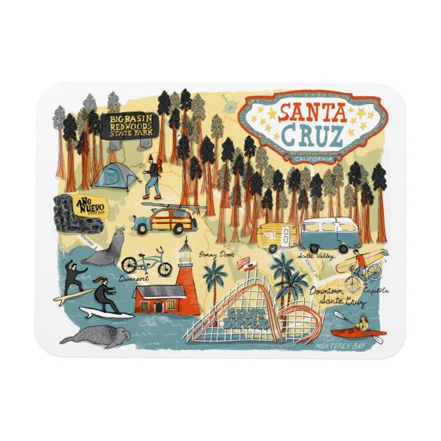Imán Mapa ilustrado de Santa Cruz California (Horizontal)
