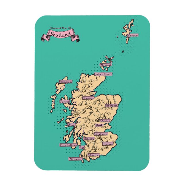 Imán Mapa ilustrado de viajes de Escocia (versión Verde (Vertical)