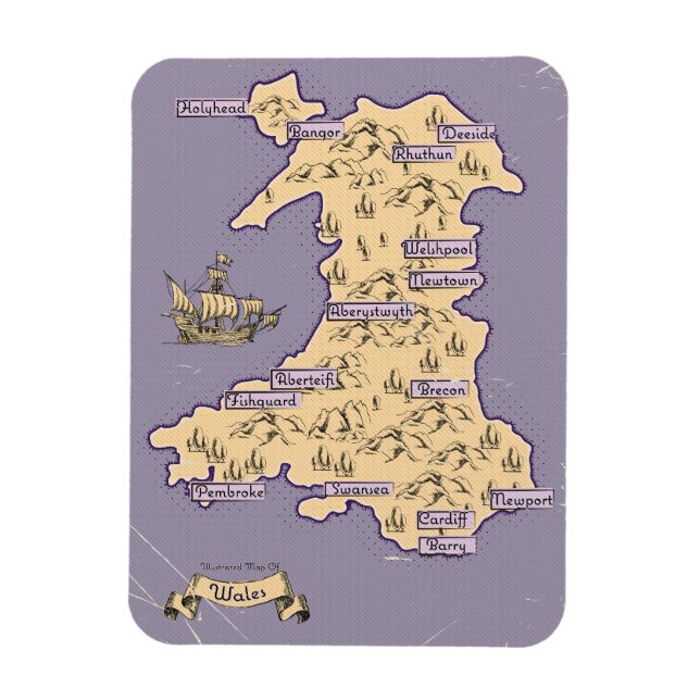 Imán Mapa ilustrado de viajes de Gales (Vertical)