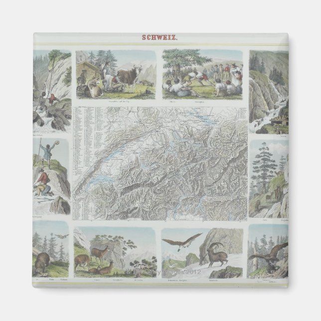 Imán Mapa y viñetas de los Alpes suizos (Frente)