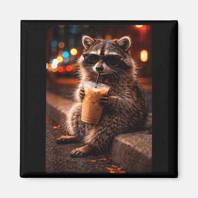 Imán Mapache bebiendo café helado divertido mapache de  (Frente)