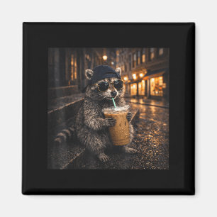 Imán Mapache divertido bebiendo café helado meme de ani