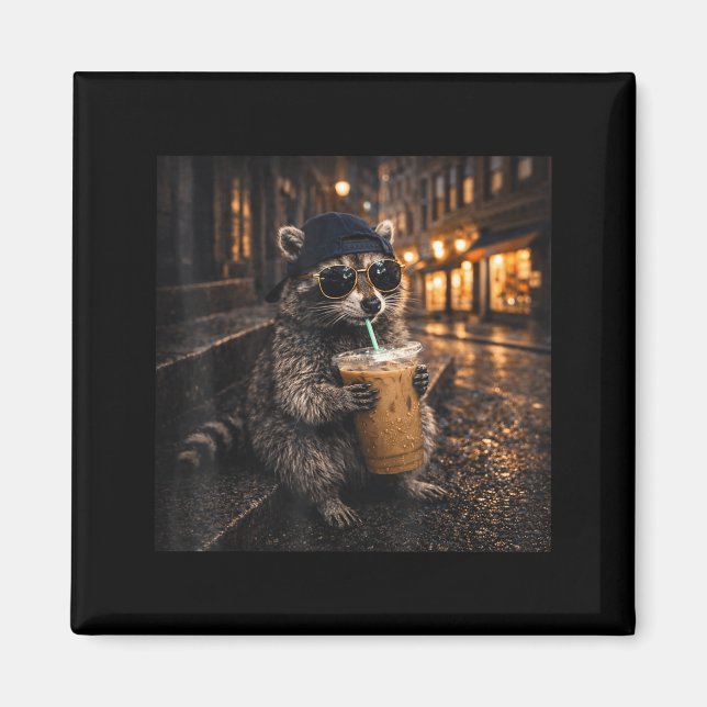 Imán Mapache divertido bebiendo café helado meme de ani (Frente)