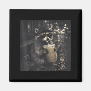 Imán Mapache gafas de sol bebiendo café helado divertid