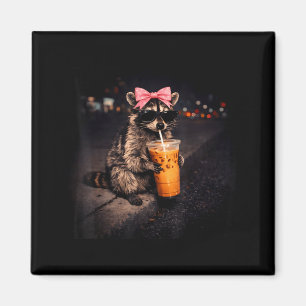 Imán Mapache lindo bebiendo café helado mapache diverti