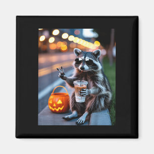 Imán Mapache salvaje bebiendo café helado halloween