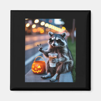 Imán Mapache salvaje bebiendo café helado halloween