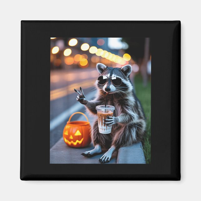 Imán Mapache salvaje bebiendo café helado halloween (Frente)