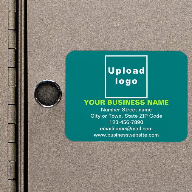 Imán Marca comercial sobre Rectángulo verde Verde azula (Your business brand on teal green rectangle flexible magnet as marketing material.)