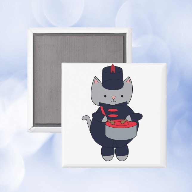 Imán Marching Band Cat Drummer Navy Blue Red (A magnet featuring a cat playing a drum in a navy blue & red marching band uniform.)