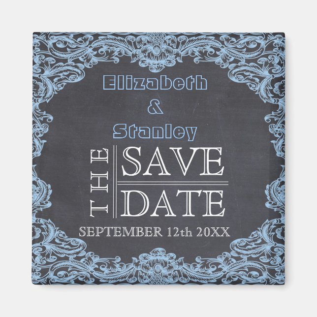 Imán Marco antiguo y tarjeta de boda en pizarra Save th (Frente)