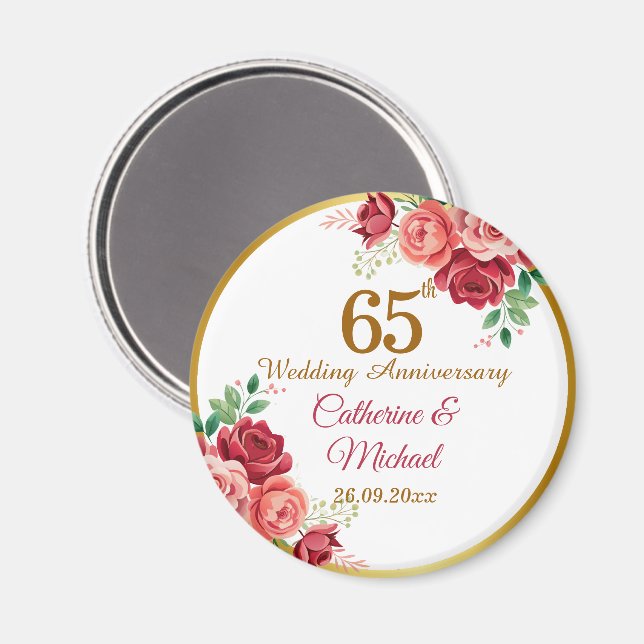 Imán Marco de oro para aniversario de bodas 65 con flor (Anverso/Reverso)