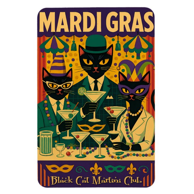 Imán Mardi Gras Black Cat Martini Club Trio (Vertical)