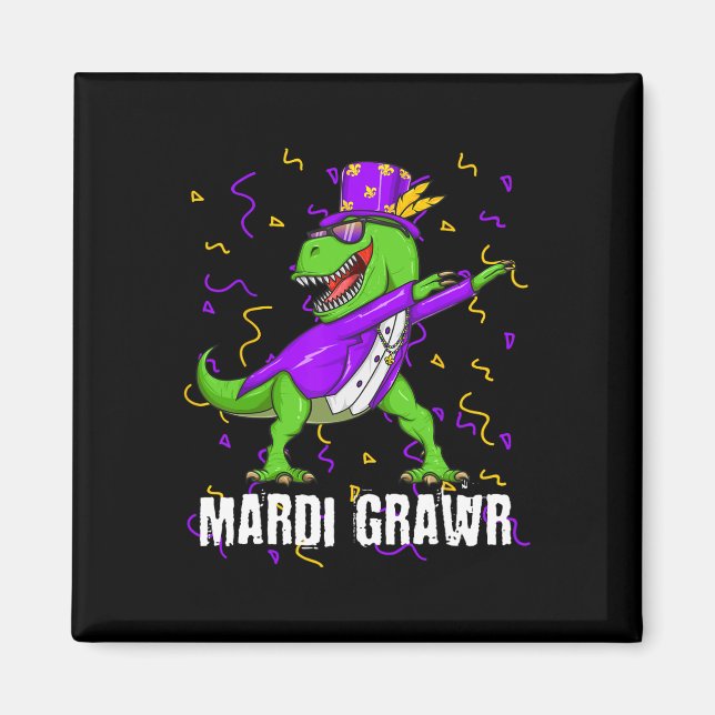 Imán Mardi Gras Dabbing T Rex Dinosaur Mardi Grawr Bead (Frente)