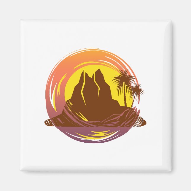 Imán Margen con el paisaje volcánico tropical y palmera (Frente)