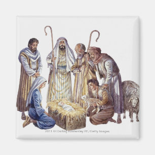 Imán Maria, José, y pastores que rodean al bebé Jesú