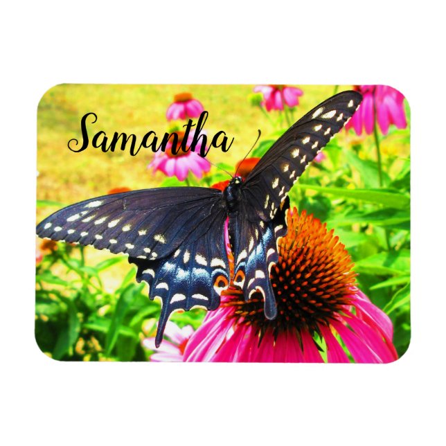 Imán Mariposa cola de golondrina negra con flores de eq (Horizontal)