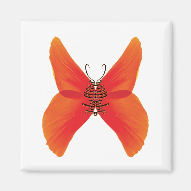 Imán Mariposa de amapola roja naranja con su nombre (Frente)
