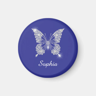 Imán Mariposa de diamante blanco, nombre de guión, azul
