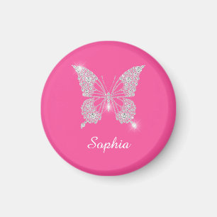 Imán Mariposa de diamante blanco, nombre de guión, rosa