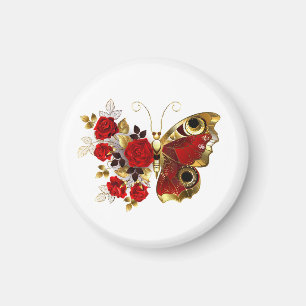 Imán Mariposa de flor roja con rosas rojas