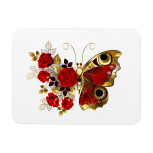Imán Mariposa de flor roja con rosas rojas