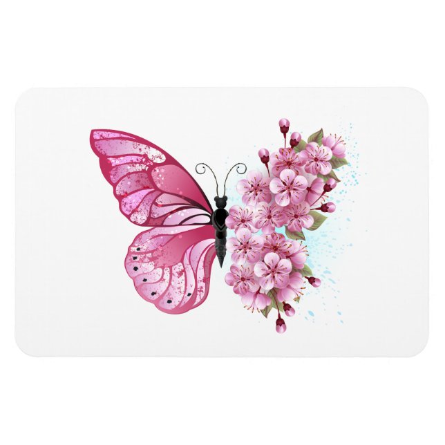 Imán Mariposa de flores con Sakura rosa (Horizontal)