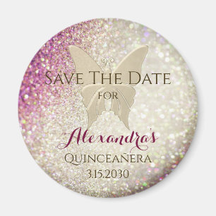 Imán Mariposa de Purpurina Rosa Quinceañera