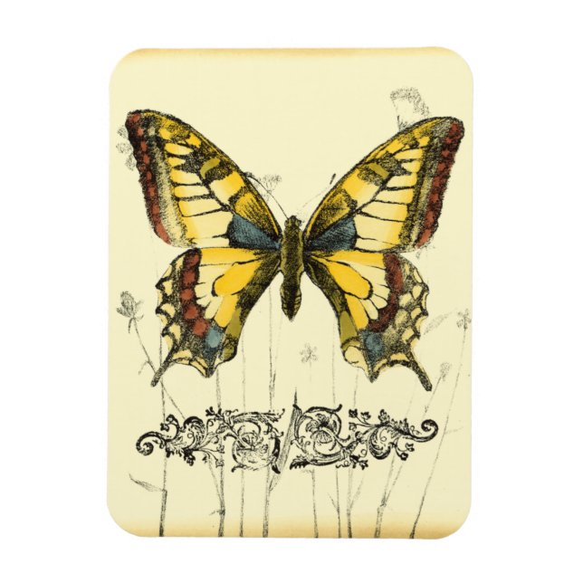 Imán Mariposa decorativa con flores silvestres (Vertical)